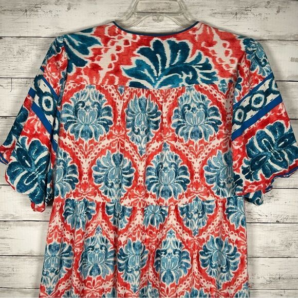 Figueroa & Flower Puff Sleeve Bohemian Maxi Ruffle Hem Coral Turquoise Dress L - Picture 8 of 11